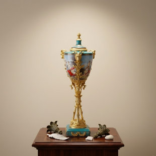 Élégant et décoratif pot de 38 pouces à tête de chèvre rococo avec porcelaine bleu sarcelle et bronze pour la décoration intérieure