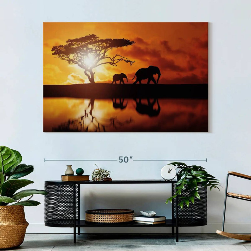 Brampt Elephant Silhouettes At Sunset, 34" H x 51" W