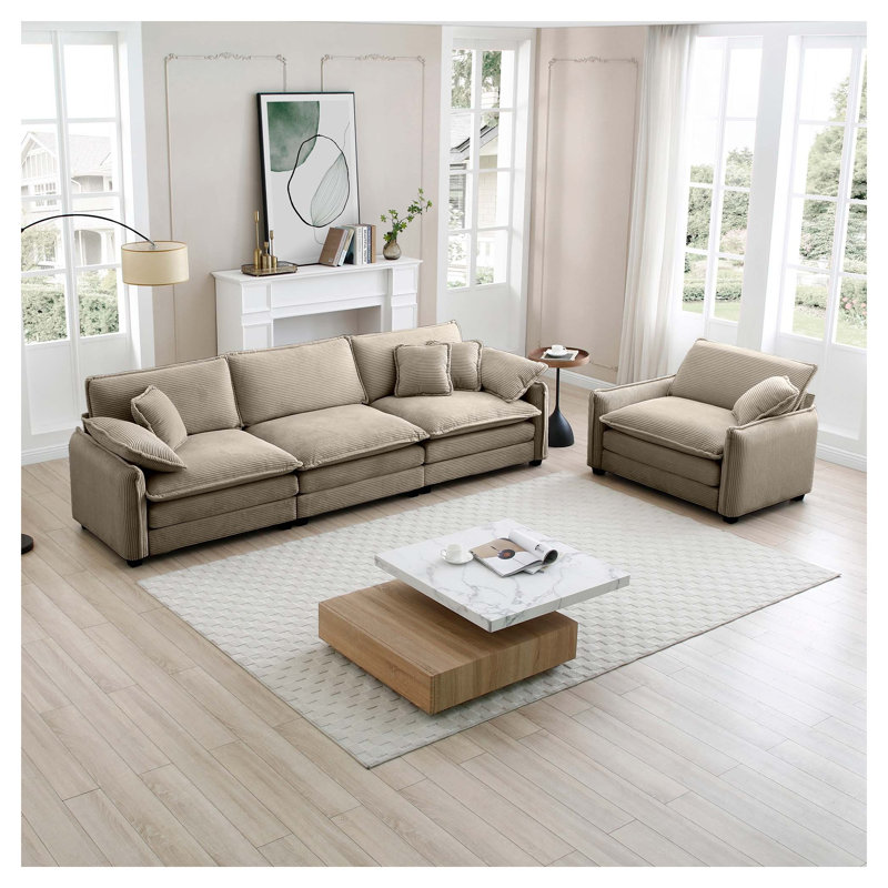 Ensemble de canapé de salon en velours côtelé brun clair 2 pièces, canapé 3 places et fauteuil simple, Tanné