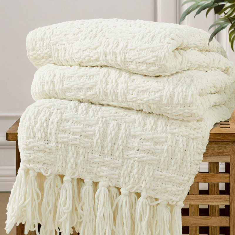 Antique White Cable Knitted Reversible Throw Blanket