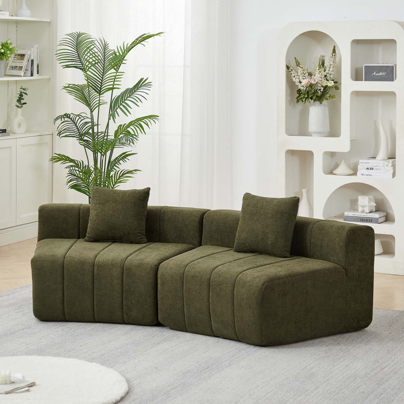 Canapé courbé modulaire en chenille avec coussins pour une utilisation multi-espace, Chenille verte