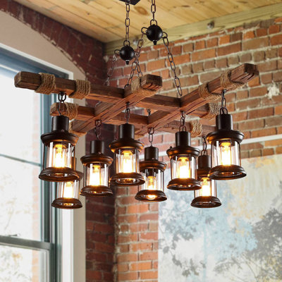 8-Light Industrial Wooden Chandelier