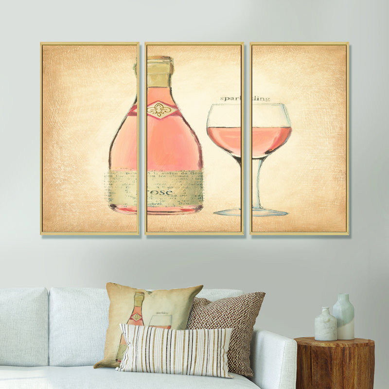 Glam Sparkling Rose Wine - 3 pièces, reproduction sur toile, L 36 po x H 28 po, Cadre brun