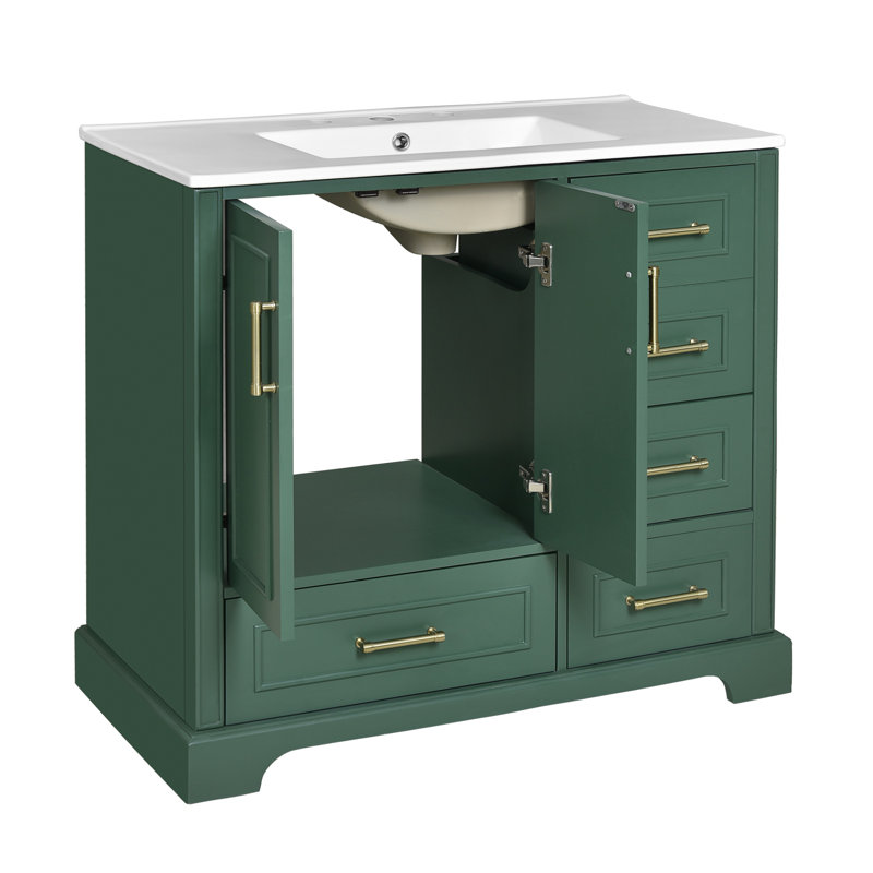 Ensemble de meuble-lavabo traditionnel 36 po avec lavabo en résine, armoire de salle de bain verte avec deux portes et quatre tiroirs