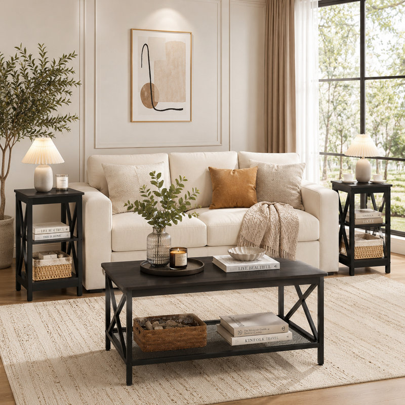 Ensemble de 3 tables basses Rustic, Noir, Brun