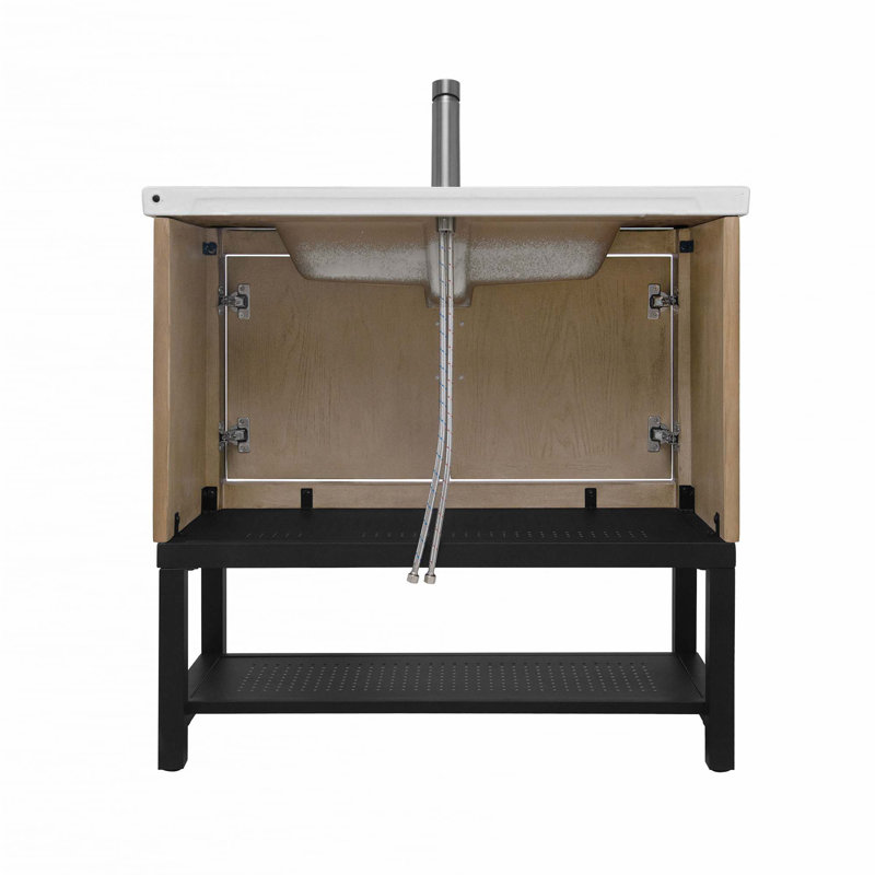 Meuble-lavabo de salle de bain avec lavabo en céramique blanc et robinet d'eau chaude et froide, Naturel, 36"
