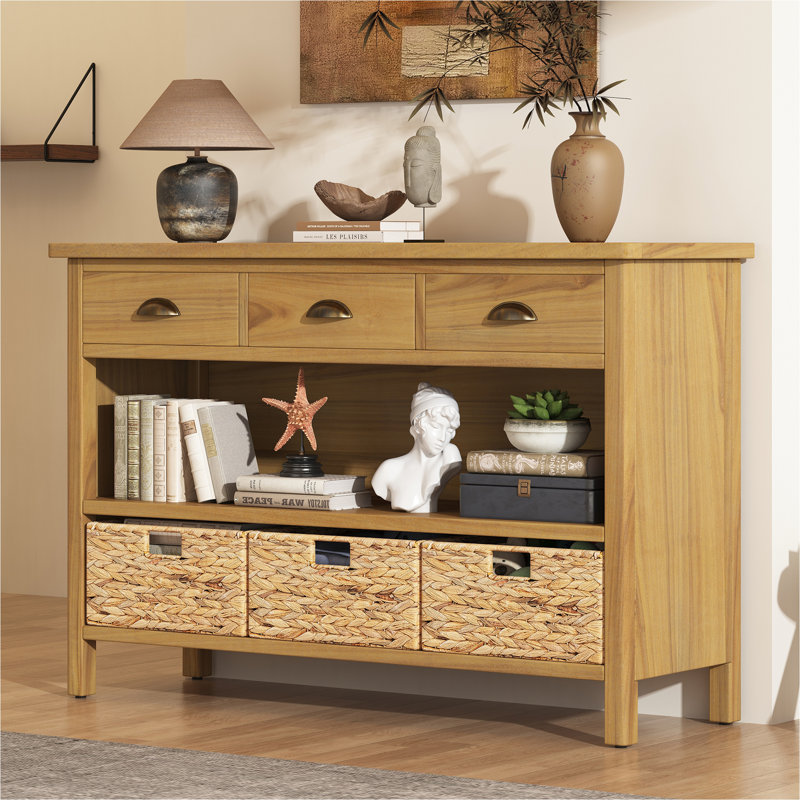 Vintage Console Table With Drawers, Water Hyacinth Woven Baskets, Multi-Color Options, Ideal For Entryway And Living Room