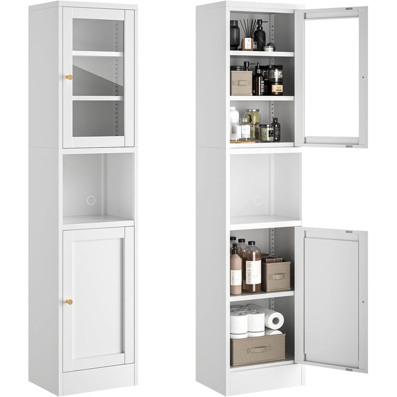 Slim Bathroom Storage Cabinet With Doors And Shelves,Open Shelving 6-Tier Narrow,Tall And Skinny Storage Cabinet,Suitable For Small Spaces