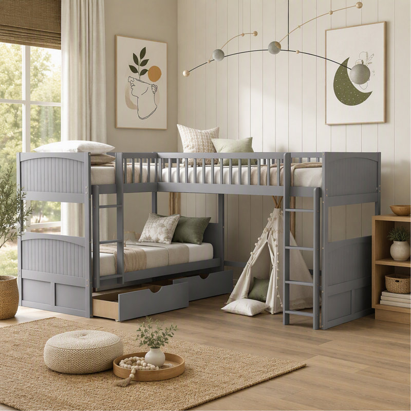 Twin Size Bunk Bed With A Loft Bed Attached, With Two Drawers,Gray
