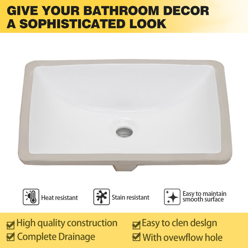 RENIST 14.96" Ceramic Undermount Bathroom Sink with Overflow, Brushed Nickel