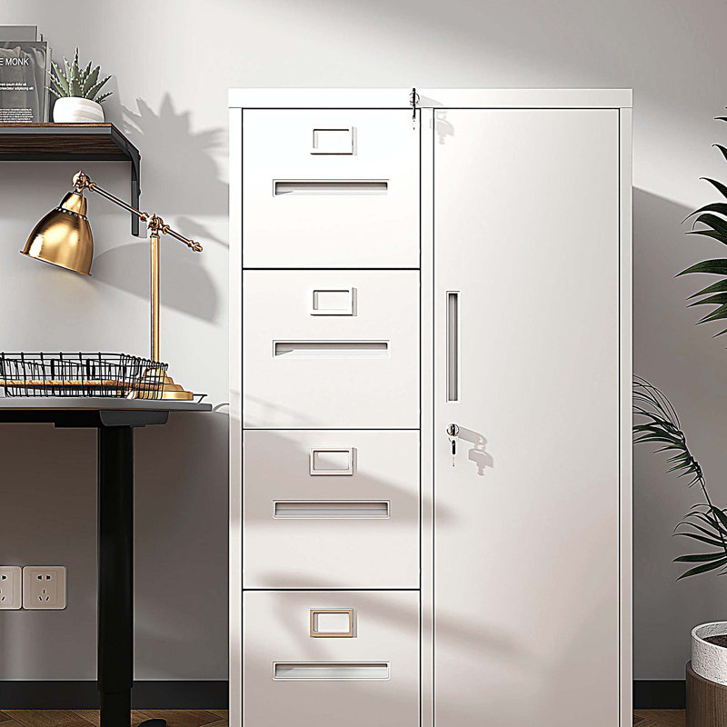 Metal Storage Vertical Filing Cabinet with Lock, Steel File Locker with 4 Drawers and 1 door, White
