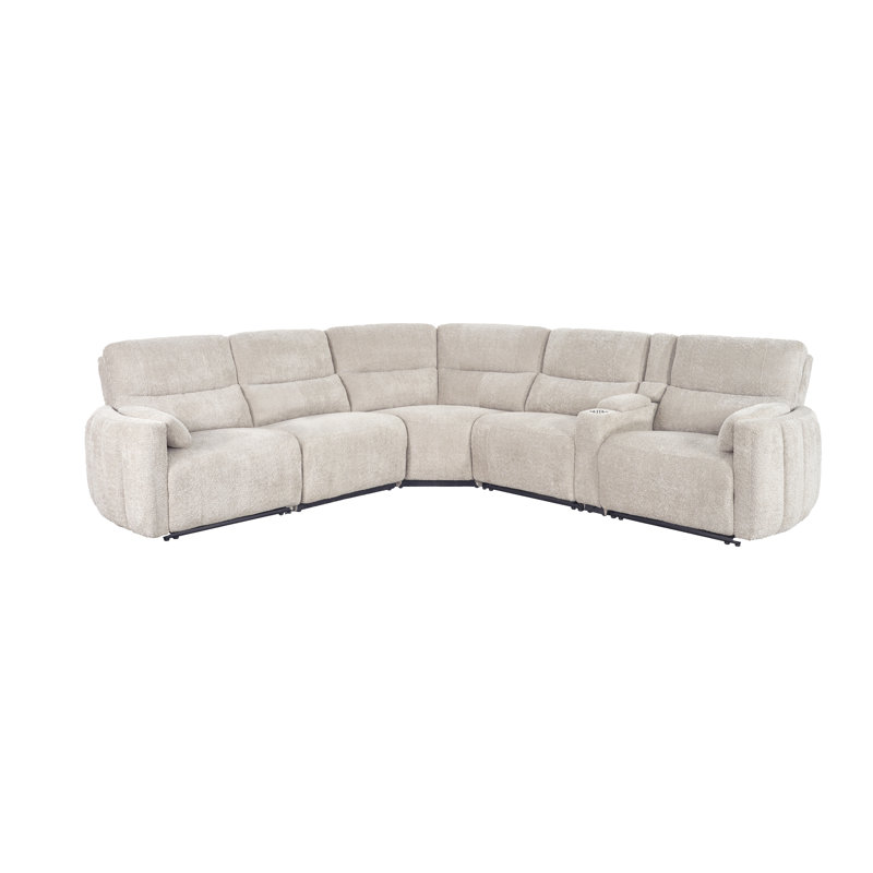 132" W Power Reclining Sectional with Adjustable Headrests , Buttercream Polyester