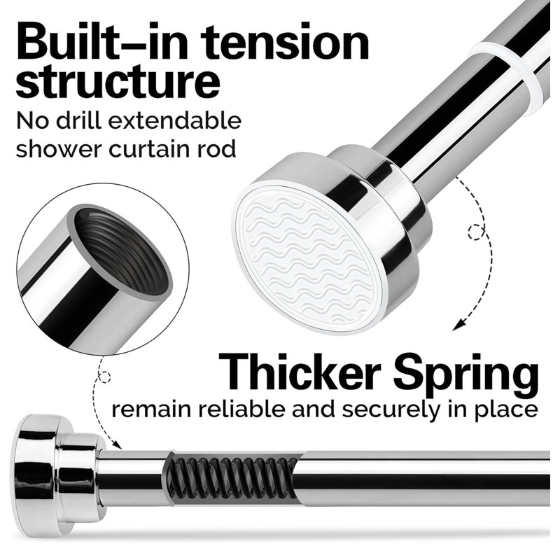 130cm Straight Tension Shower Curtain Rod & Hook Set