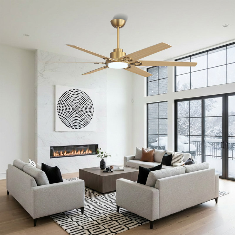 64 In. 6 Blades Indoor Ceiling Fan With LED Light Remote Control Reversible DC Motor, Wood Grain, NAB Gold