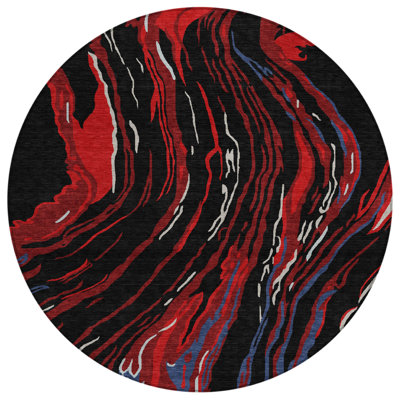HomeRoots 8' Black Red And Gray Round Abstract Washable Indoor Outdoor Area Rug