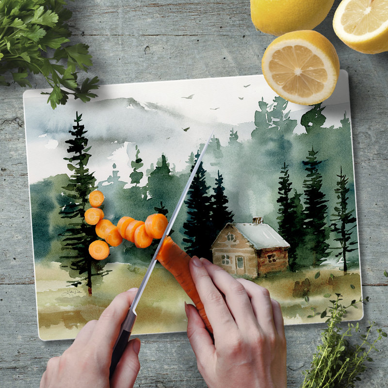 Rustic Cabin Scene Tempered Glass Cutting Board 10" x 8"