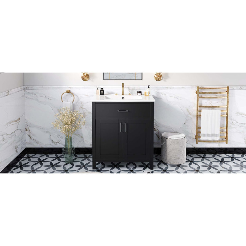 Meuble-lavabo moderne avec lavabo en céramique, 2 portes et 1 tiroir caché Stevanie, Noir
