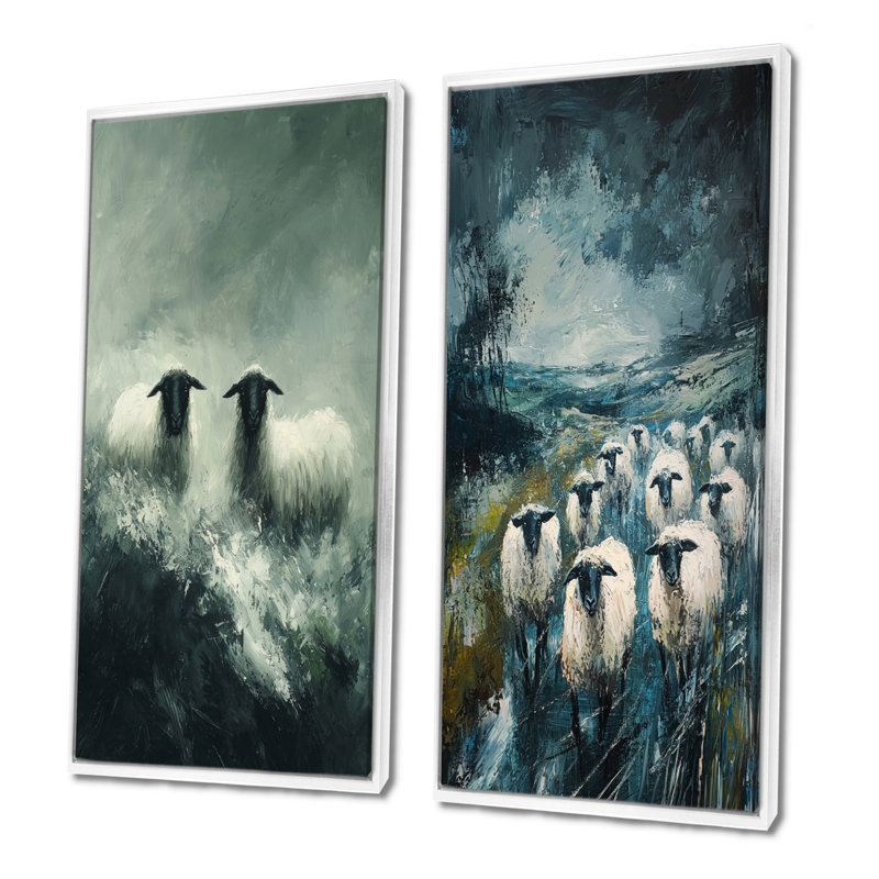 «Stormy Pasture Of Sheep III», art mural 2 pièces, H 40 po x l 41 po, Impression encadrée flottante, Blanc