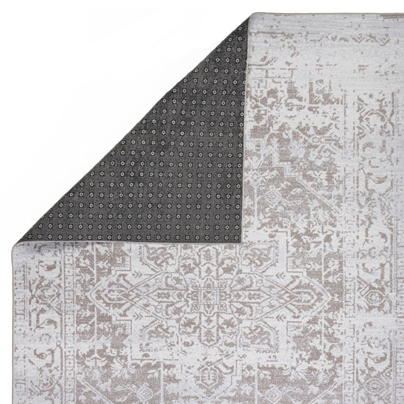 Tapis lavable à la machine avec envers antidérapant à motif floral moderne abstrait beige et crème