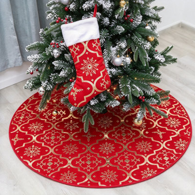 Jupe de sapin de Noël de 122 cm avec bas de Noël assorti, motif de flocons de neige dorés pour décoration intérieure de Noël