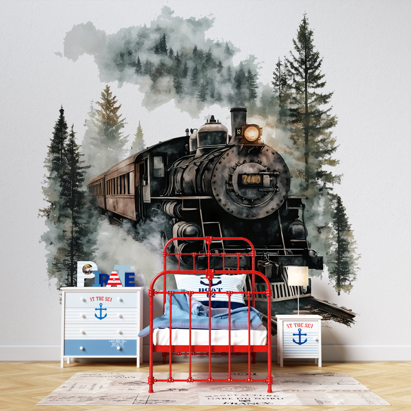Décalcomanie en vinyle noir train à vapeur - Autocollant mural locomotive rustique - Décoration de train amovible pour chambre d'enfant, chambre de bébé