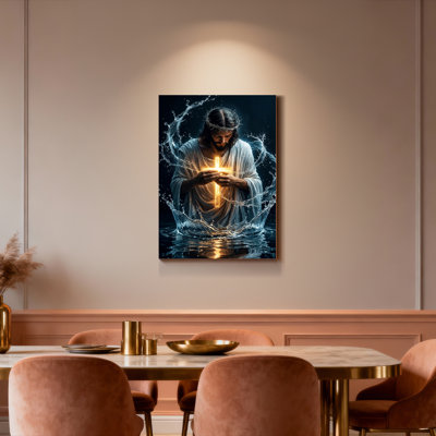 Jésus-Christ tenant une croix lumineuse avec éclaboussures d'eau, reproduction d'art sur toile tendue sur toile, ensemble de 1