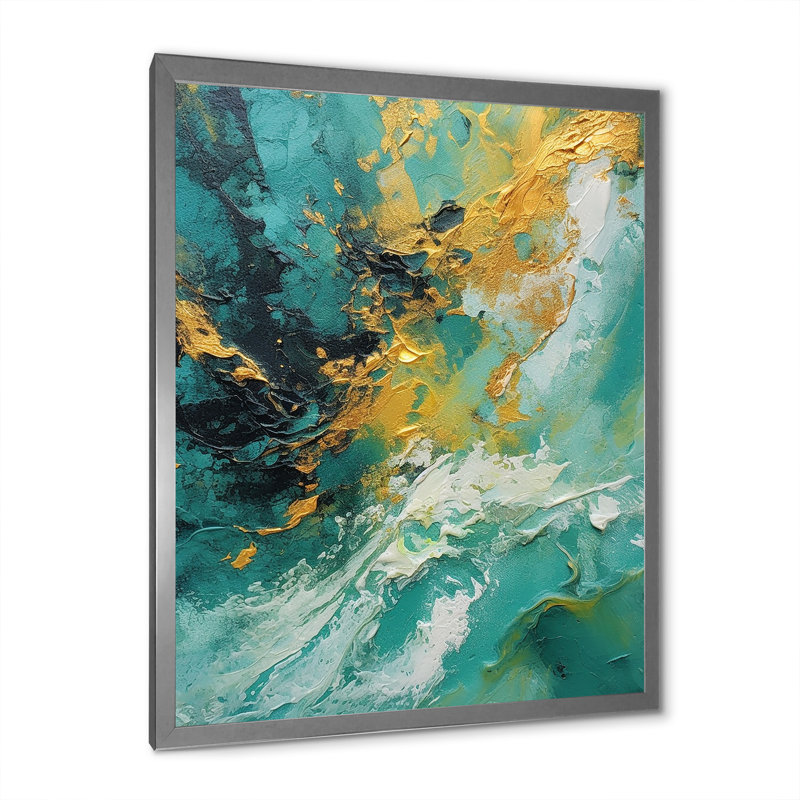 «Golden Turquoise Waves Breaking Abstract I», reproduction d'art sur toile, H 32 po x l 24 po x P 1 po, Cadre photo argenté