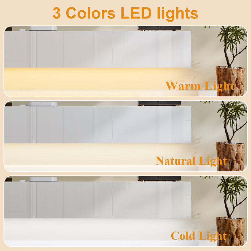 160cm Floating TV Unit, 3 Drawers & 3-Color LED Light, Wall Mount or Floor Stand, White  