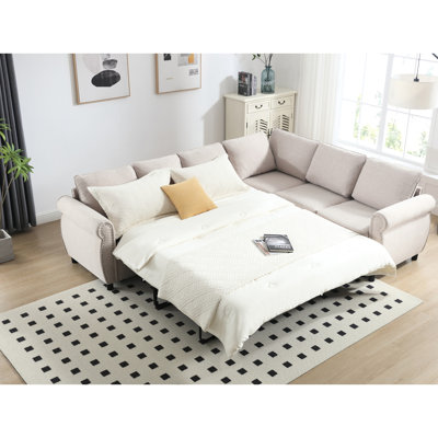 Beige en forme de L, 6 places, lit escamotable, siège design beige, support moyen ferme