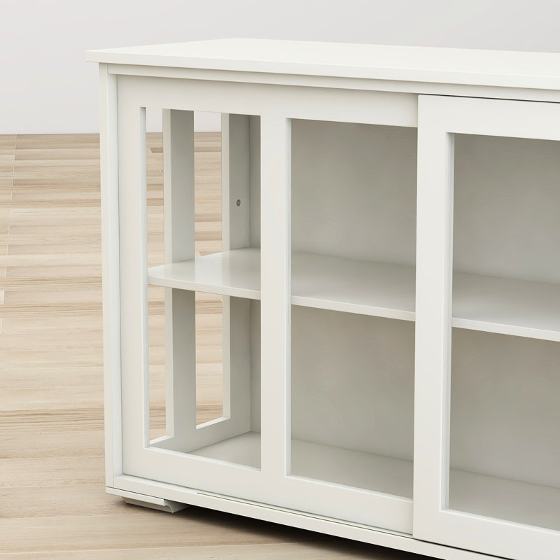 White Kitchen Storage Cupboard With Glass Door. Build For Performance. 2 Sliding Doors And Adjustable Shelf Efficient Organization. Coated. Non-Slip Bottom To Floor From Damage Cabinet - Crafted