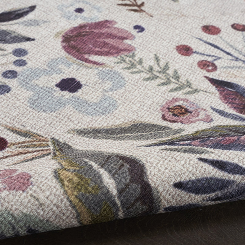 Tapis lavable antidérapant à motif floral tissé à la machine ivoire et vert 6 pi x 9 pi