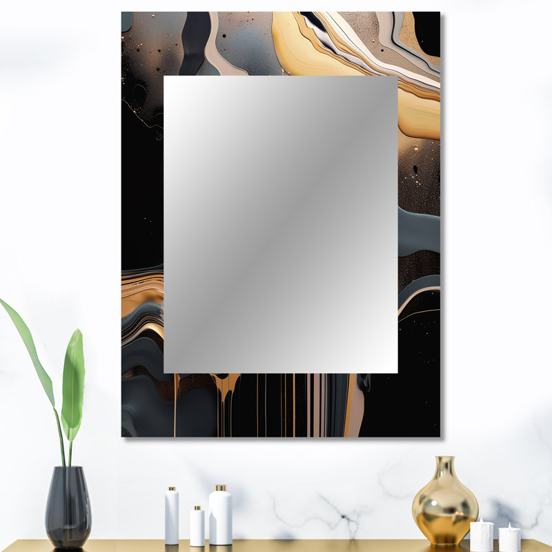 Or et marbre noir Mirage II - miroir mural décoratif en marbre, miroir doré, impression d'art en métal, 40 po x 30 po