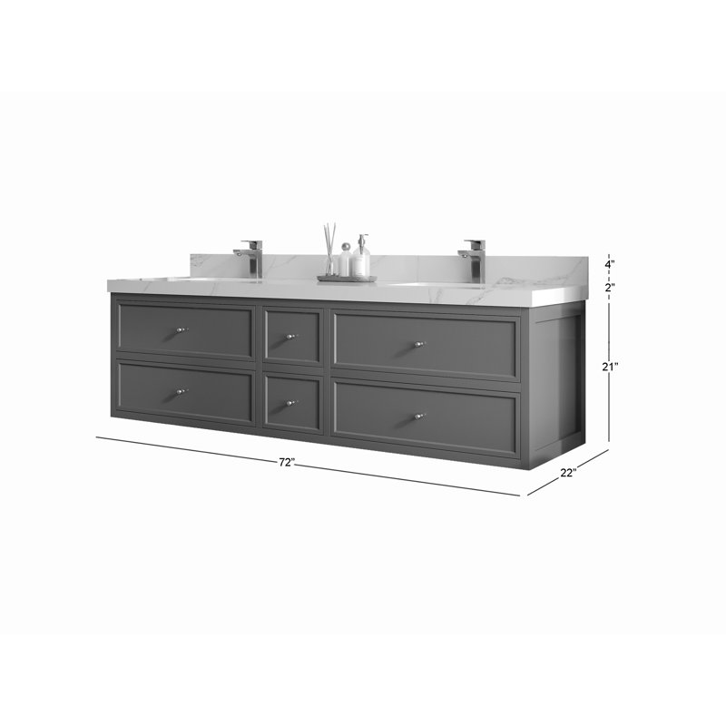 Roswell Floating 72'' Double Bathroom Vanity with Quartz Top, Calacatta Laza