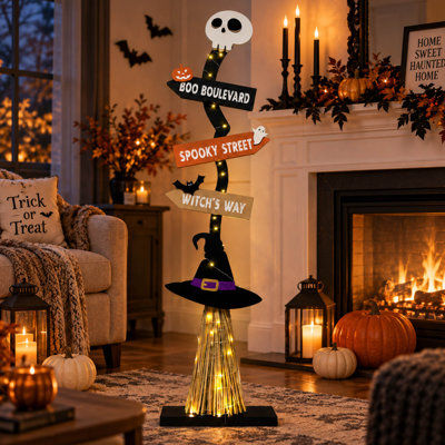 Balai de sorcière lumineux en bois de 112 cm (44 pouces) avec paille et socle, décoration d'Halloween