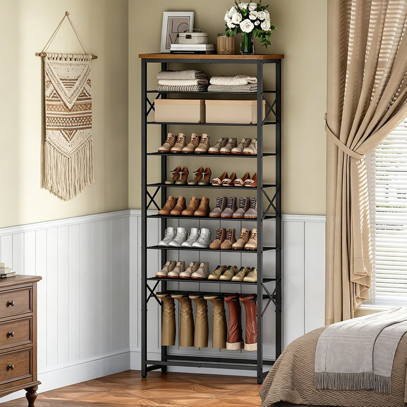 Grand étagère à chaussures pour le vestibule, organisateur de rangement de chaussures en métal robuste à 10 niveaux avec porte-bottes, tablette en bois peu encombrante pour garde-robe, brun industriel et noir