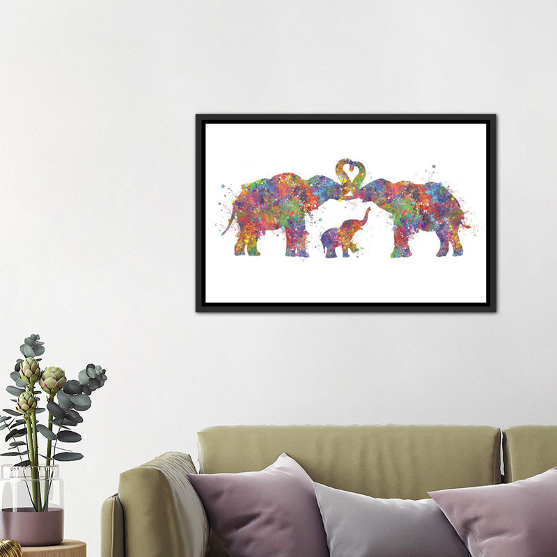 «Elephant Family» - reproduction, H 26 po x l 40 po x 1,5 po, Cadre noir vieilli