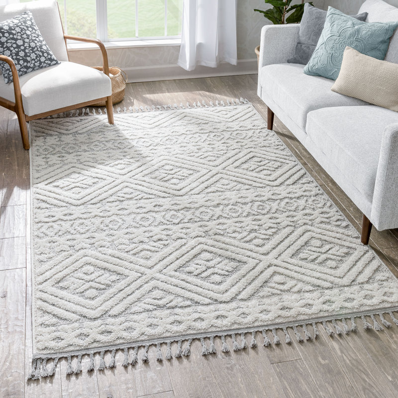 Tapis géométrique gris / blanc en polypropylène touffeté à la machine 5 pi 3 po x 7 pi 3 po Geometric