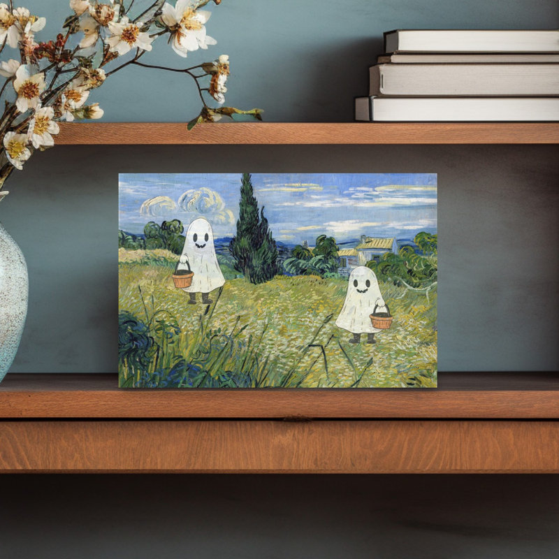 Cute Ghosts In Field Whimsical Abstract Contemporary Cypress Autumn Flower Wall Art Print 1 Piece Wrapped Canvas Wall Art