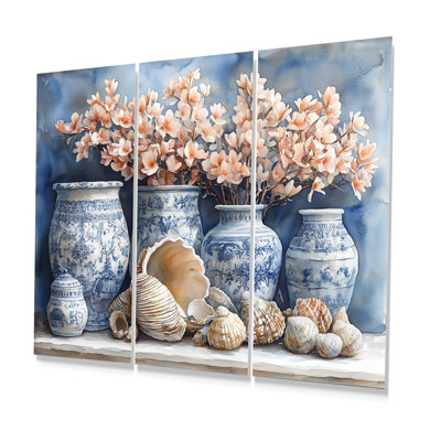 Poterie florale dans des tons bleus et blancs - ensemble de salon d'art mural côtier