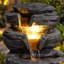 Fontaine d'extérieur avec lumières DEL, fontaine de jardin en résine empilée en pierre de 25,6 po-1396414761