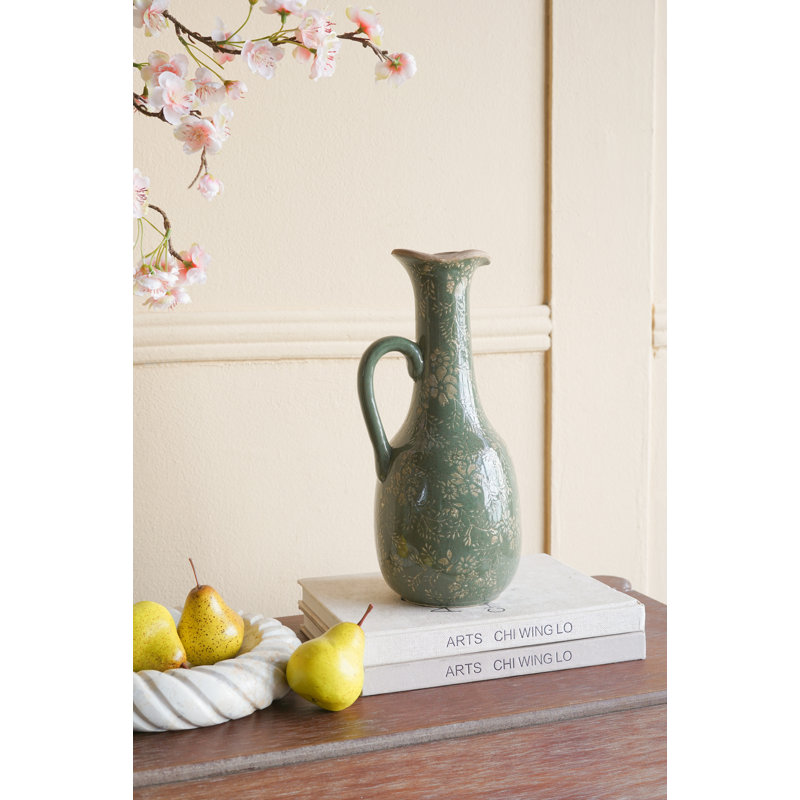 6X5X12" Ceramic Pitcher Vase With Olive Green Finish And Floral Motifs, 12.2" H x 5.9" W x 5.1" D