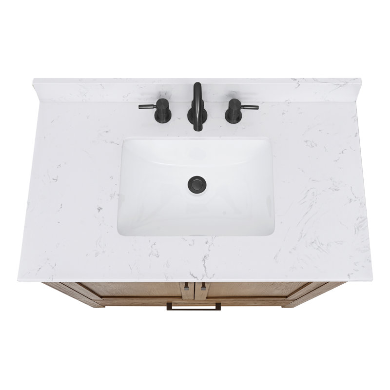 Modero 36" Single Bathroom Vanity with Top, Cala White Marble, Brushed Oak, Black