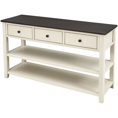 Retro Design Console Table With Two Open Shelves, Pine Solid Wood Frame And Legs For Living Room