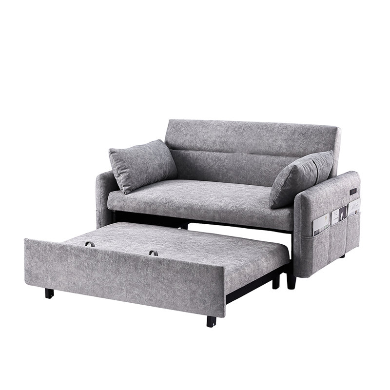 Canapé-lit de 55,1 po avec couchette convertible en gris et canapé-lit avec dossier réglable, poches de rangement, 2 oreillers et ports USB