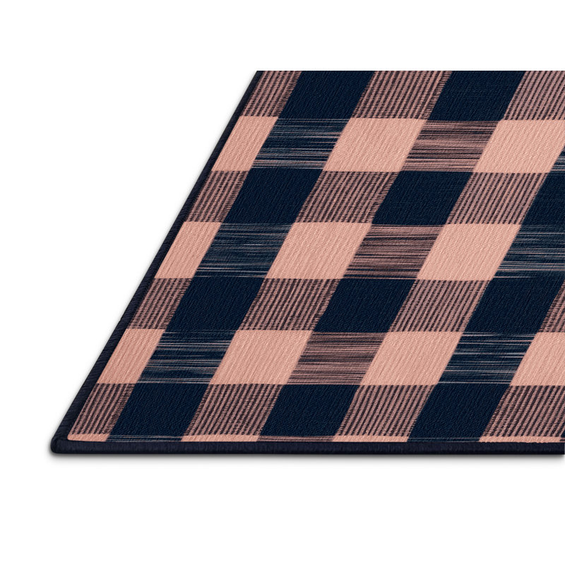 Machine Washable Checkered Blue Area Rug, Rectangle 4' x 6'