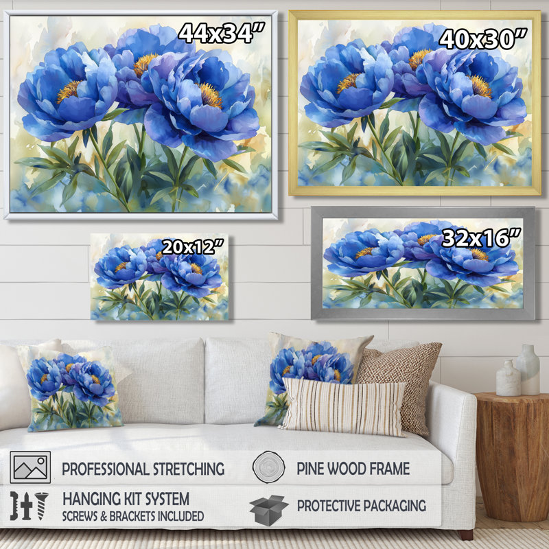Pivoines bleues Isgard dans le pré II - art mural pivoines pour le salon, Impression encadrée flottante, H 16 po x l 32 po
