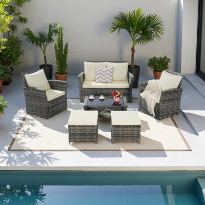 Ensemble de meubles de patio 3 pièces, ensemble de conversation de patio en rotin avec osier pour l'extérieur, ensemble de meubles en osier en PE toutes saisons avec deux repose-pieds pour porche, cour arrière, balcon
