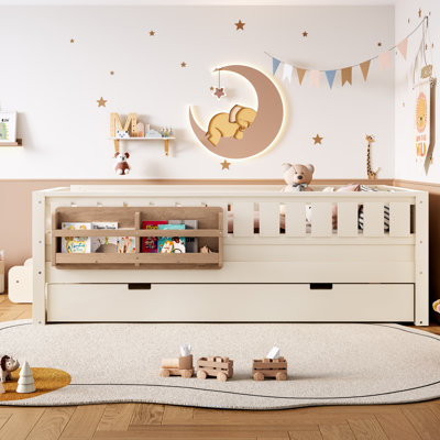 Lit simple avec étagères intégrées, petit escalier, rails de sécurité et gigogne de haute qualité, beige