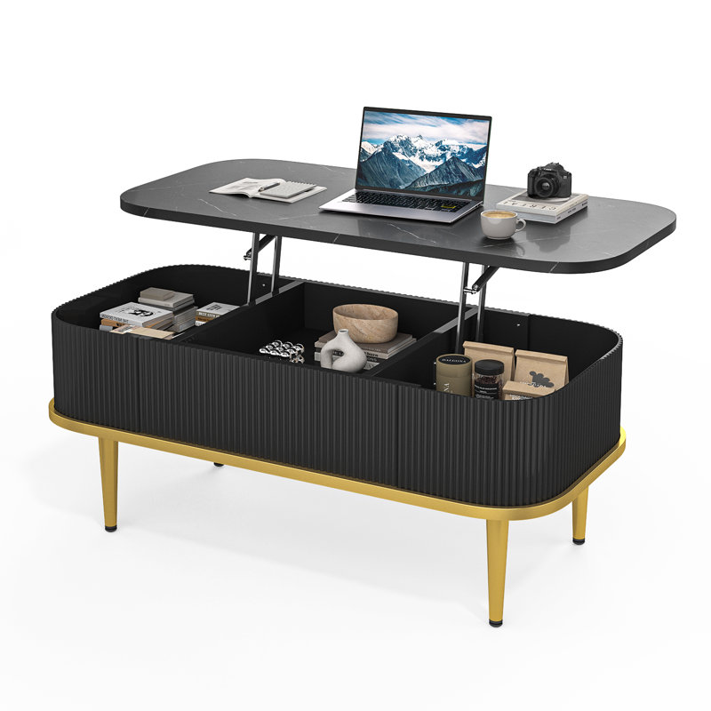 39" Lift-Top Coffee Table With Storage Modern Style For Bedroom & Living Room, Blake Top/Gold Base