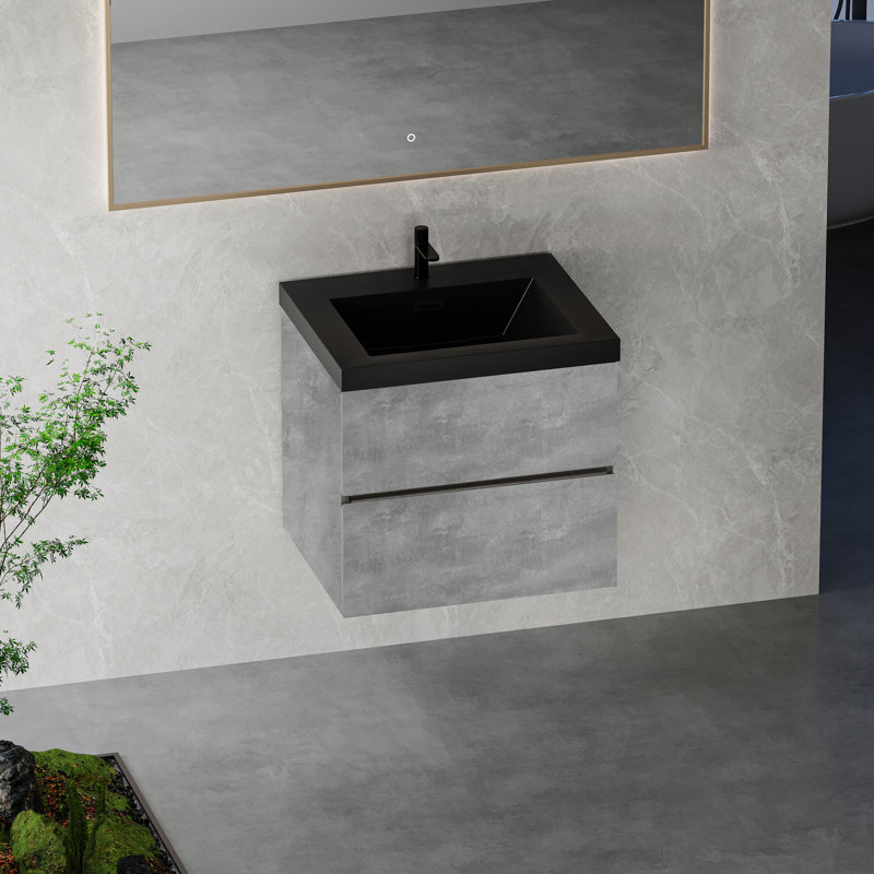 Meuble-lavabo 24 po, lavabo à sable en quartz noir, rangement gris ciment, tiroirs à fermeture en douceur, design moderne, espace, assemblage rapide, meuble-lavabo flottant avec finition à l'eau 24 po, avec armoire, facile à assembler,